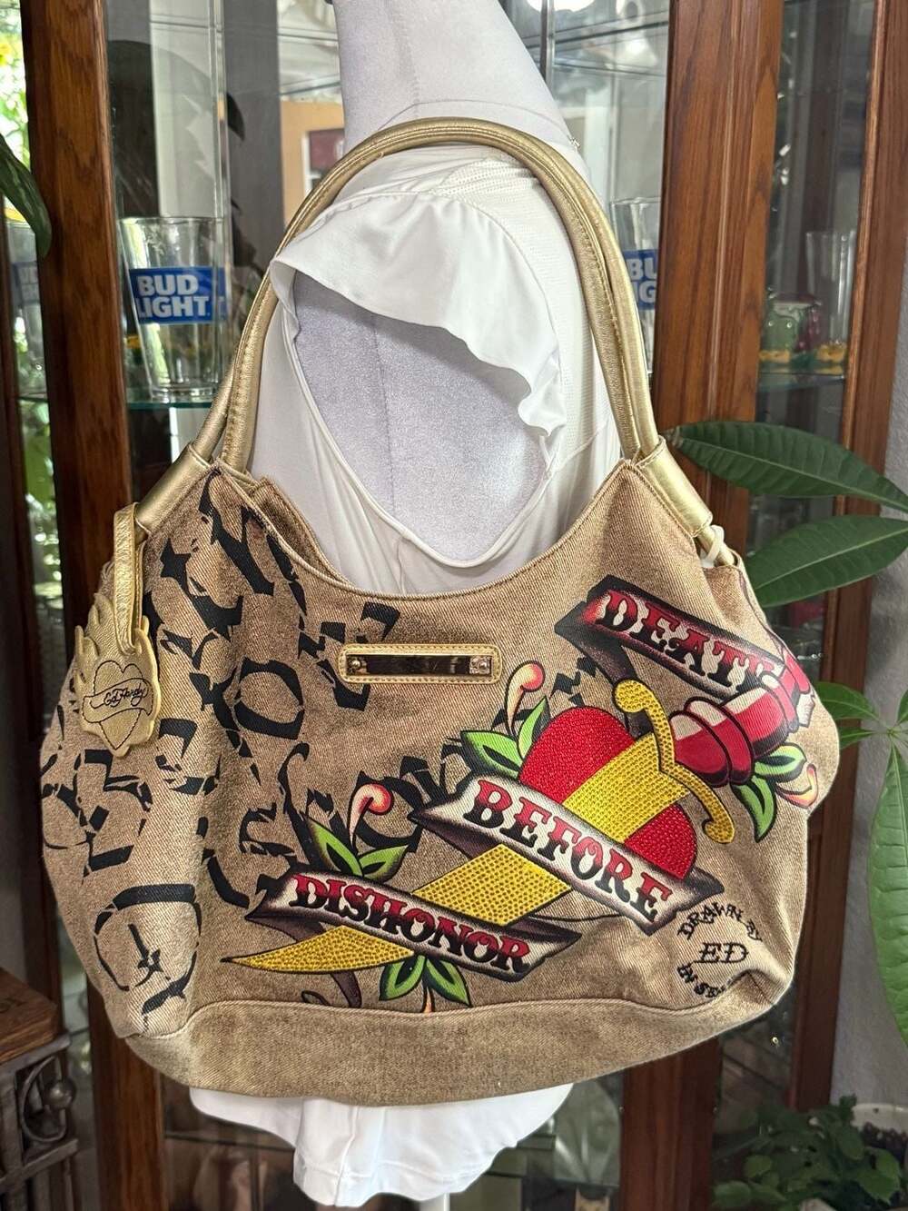 y2k Ed Hardy Metallic Gold Canvas Hobo Bag
